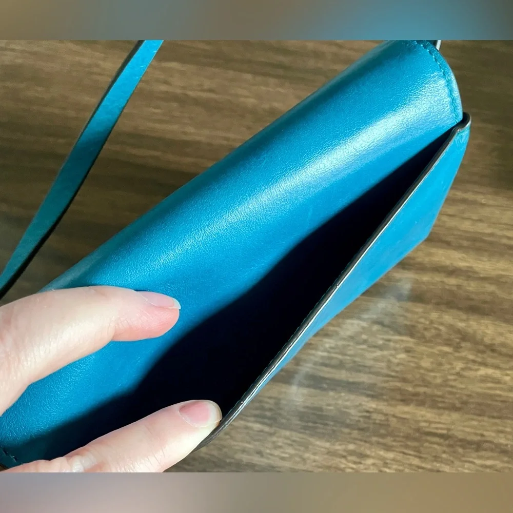 Tory Burch Turquoise Blue Leather and Suede ‘Miller’ Wallet-on-Chain Crossbody